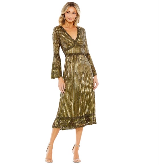 Mac Duggal Green Embellished 3/4 Sleeve V Neck A Line Dress Size 6 - Picture 4 of 11